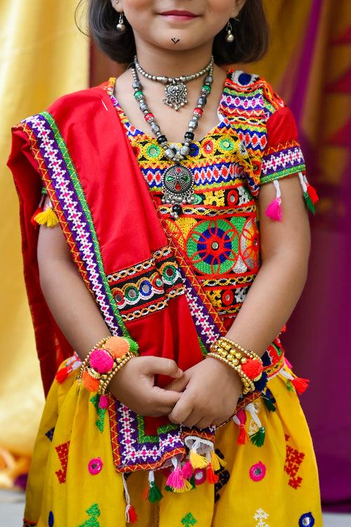 Banjara India Kutchi Emboidered Yellow Girls Lehenga Choli with Dupatta (CC-BTTA) - Yellow