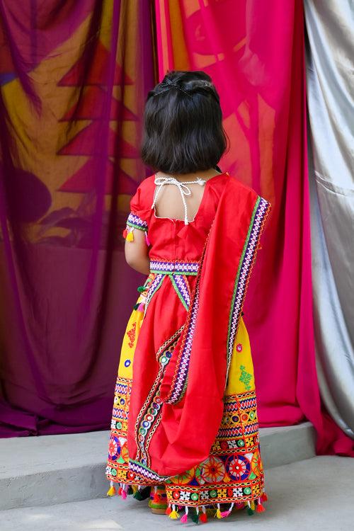 Banjara India Kutchi Emboidered Yellow Girls Lehenga Choli with Dupatta (CC-BTTA) - Yellow