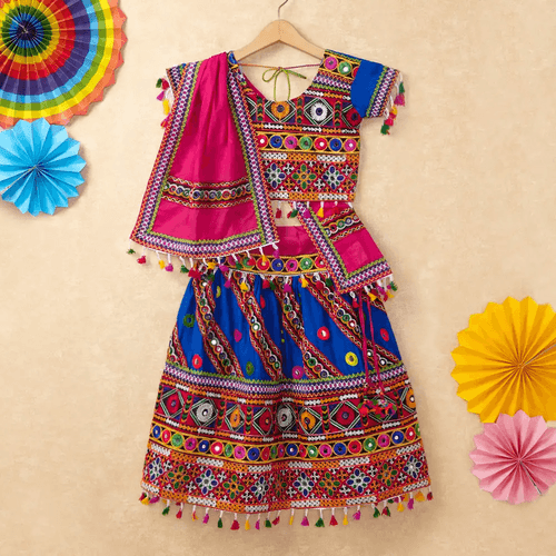 Banjara India Kutchi Emboidered Blue Girls Chaniya Choli with Dupatta (CC-WAVE) - Blue