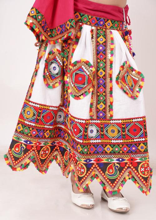 Banjara India Kutchi Emboidered Black Girls Chaniya Choli with Dupatta (CC-PTW) - White