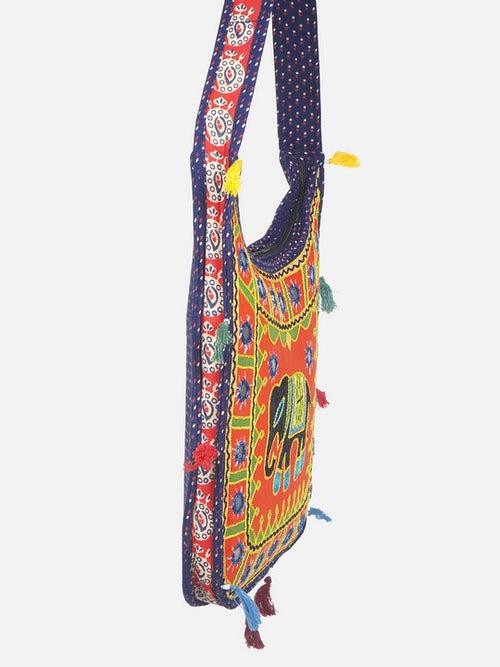 Banjara India Elephant Design Kutchi Mirrorwork Hand Embroidered Shoulder Bag (BAG-BlueOrange)