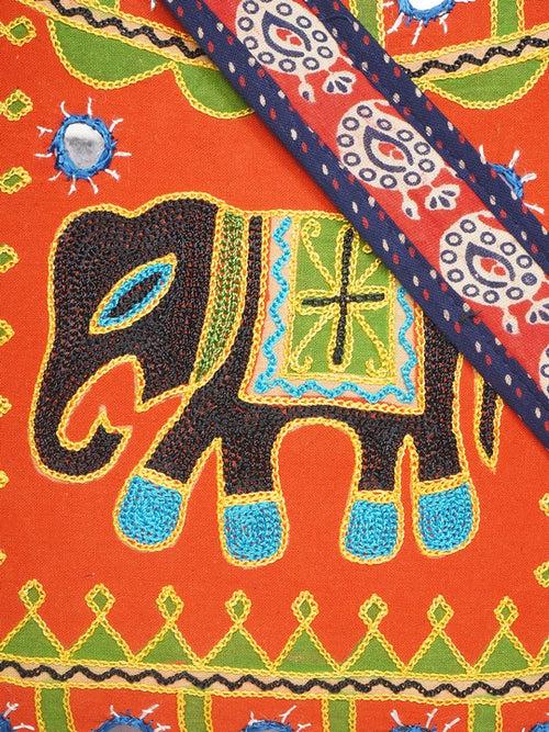 Banjara India Elephant Design Kutchi Mirrorwork Hand Embroidered Shoulder Bag (BAG-BlueOrange)