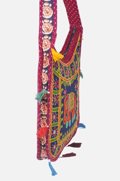 Banjara India Elephant Design Kutchi Mirrorwork Hand Embroidered Shoulder Bag (BAG-MaroonBlue)