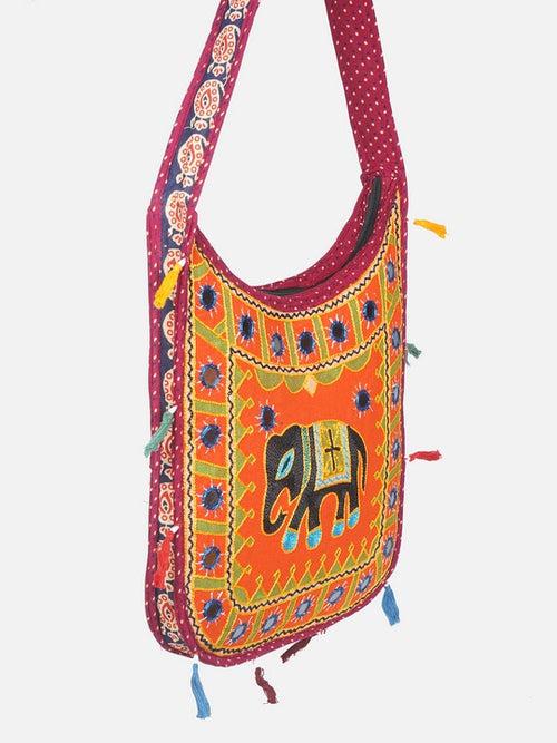 Banjara India Elephant Design Kutchi Mirrorwork Hand Embroidered Shoulder Bag (BAG-MaroonOrange)