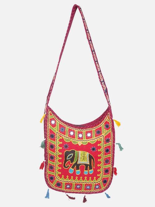 Banjara India Elephant Design Kutchi Mirrorwork Hand Embroidered Shoulder Bag (BAG-MaroonRed)