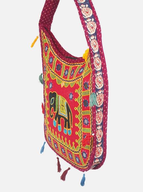 Banjara India Elephant Design Kutchi Mirrorwork Hand Embroidered Shoulder Bag (BAG-MaroonRed)