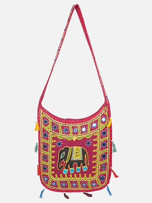 Banjara India Elephant Design Kutchi Mirrorwork Hand Embroidered Shoulder Bag (BAG-RedMaroon)