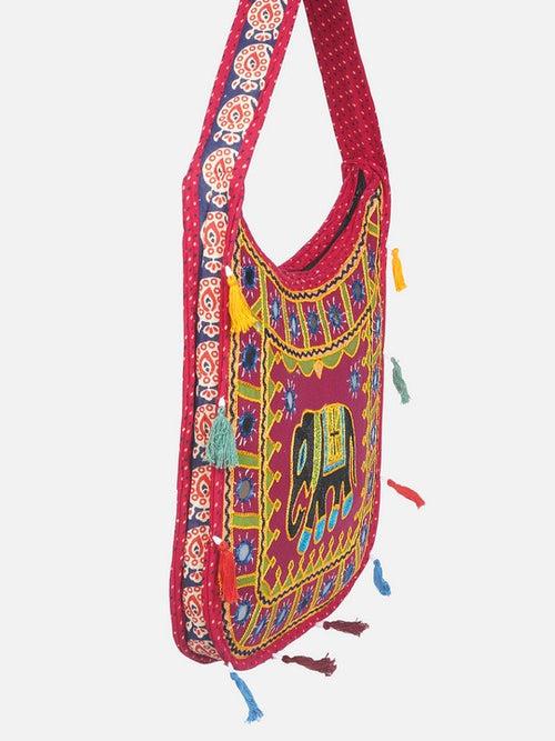 Banjara India Elephant Design Kutchi Mirrorwork Hand Embroidered Shoulder Bag (BAG-RedMaroon)