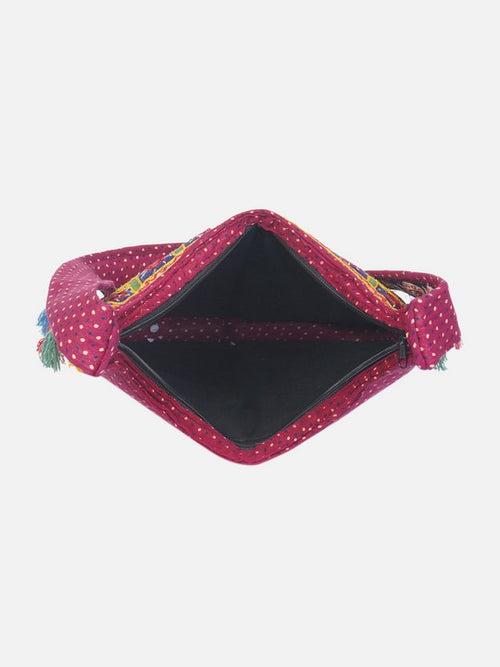 Banjara India Elephant Design Kutchi Mirrorwork Hand Embroidered Shoulder Bag (BAG-RedMaroon)