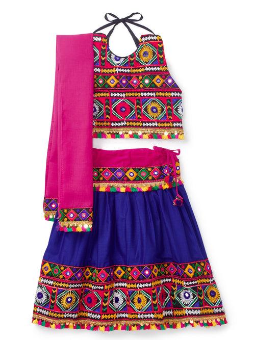 Banjara India Kutchi Emboidered Black Girls Chaniya Choli with Dupatta (CC-DMND) - Blue