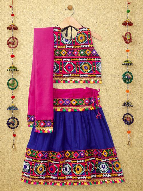 Banjara India Kutchi Emboidered Black Girls Chaniya Choli with Dupatta (CC-DMND) - Blue