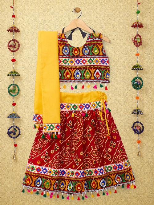 Banjara India Kutchi Emboidered Black Girls Chaniya Choli with Dupatta (CC-RJS) - Red