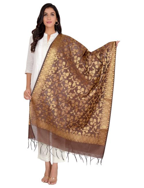 Banarasi Kora Silk Kiara Butti Dupatta- Brown