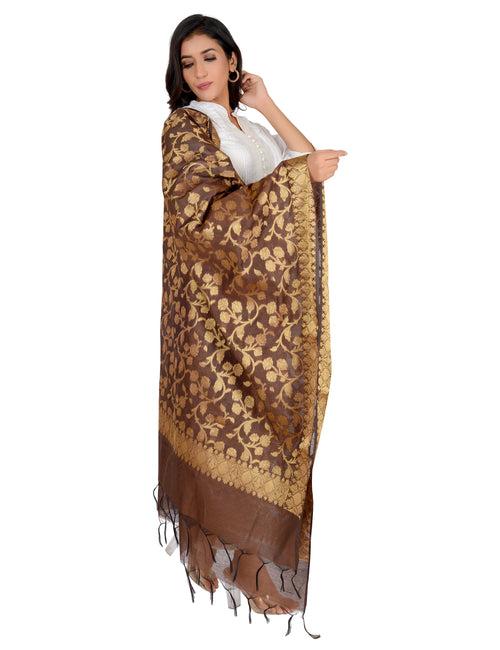 Banarasi Kora Silk Kiara Butti Dupatta- Brown