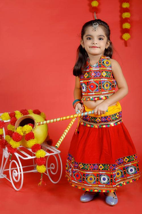 Banjara India Kutchi Emboidered Black Girls Chaniya Choli with Dupatta (CC-DMN) - Red