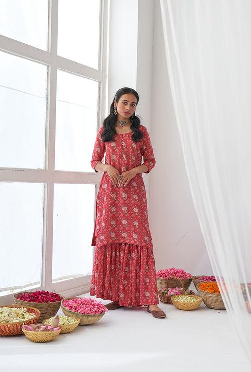 Hot Pink Printed Short Kurta Iris Gharara Set