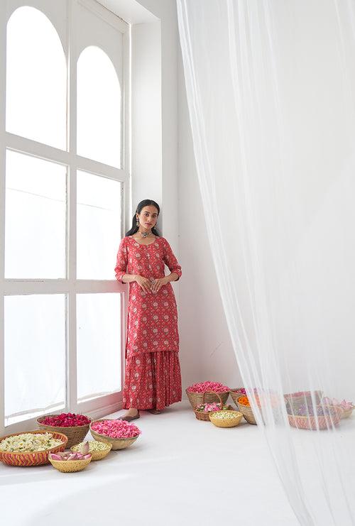 Hot Pink Printed Short Kurta Iris Gharara Set