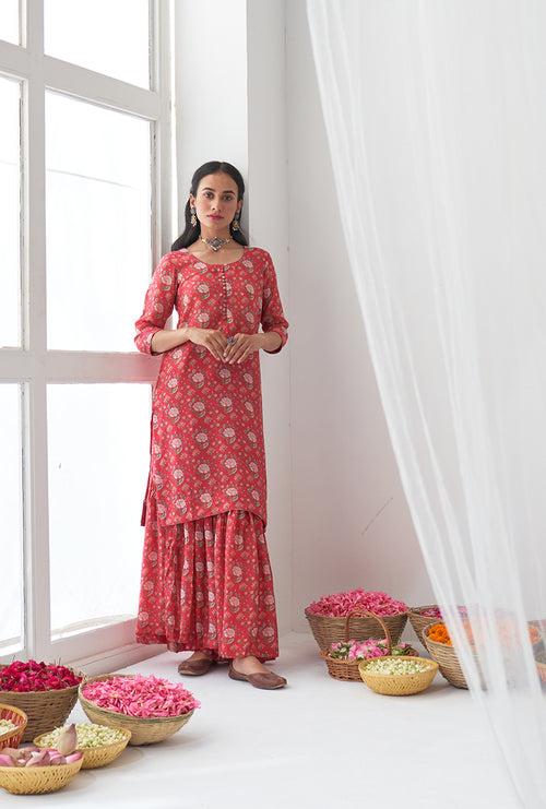 Hot Pink Printed Short Kurta Iris Gharara Set