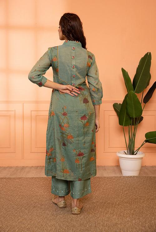 Teal Blue High Collar Sia Kurta Set