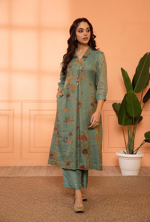 Teal Blue High Collar Sia Kurta Set