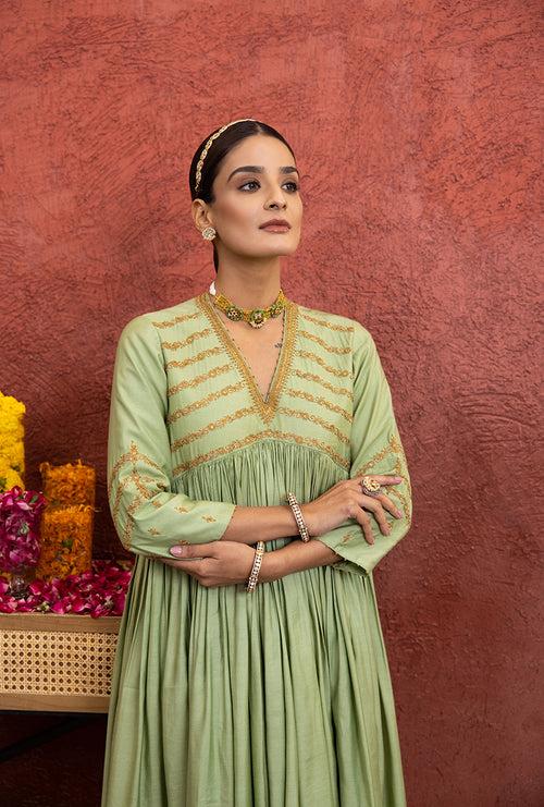 Pista Green Empire Line Yoke Rooh Anarkali Set