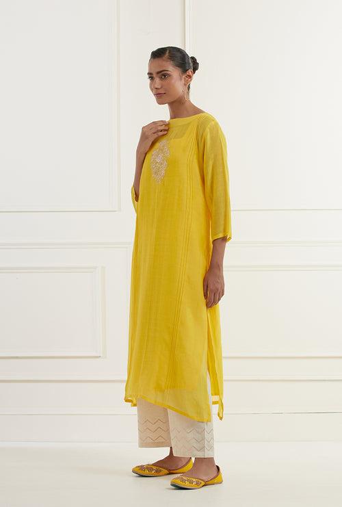 Yellow Embroidered Pintuck Sehar Kurta Set