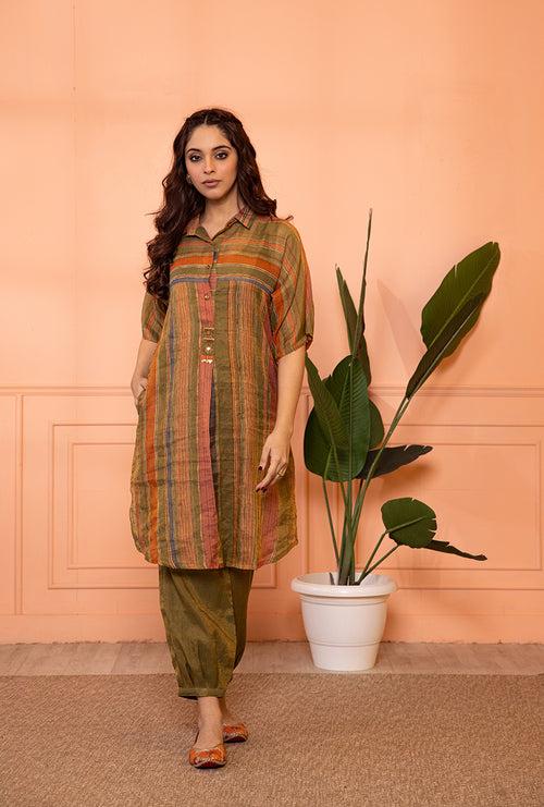 Mehendi Green Anti Fit Stripe Sia Kurta Set