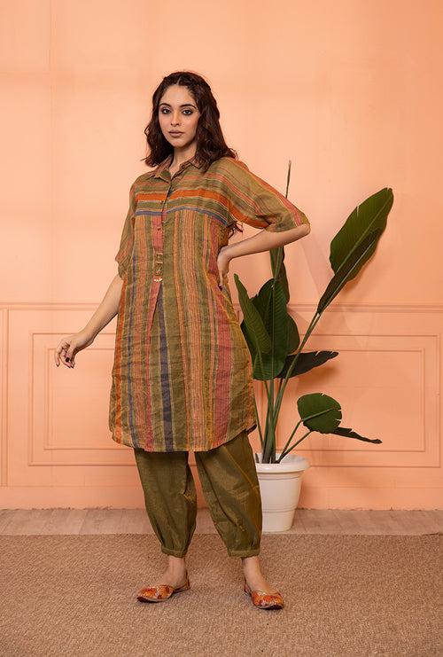 Mehendi Green Anti Fit Stripe Sia Kurta Set