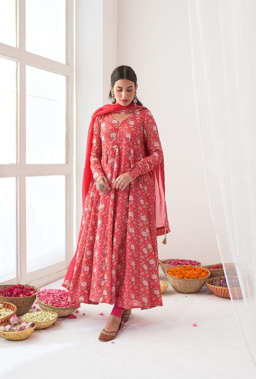 Hot Pink Digitally Printed Iris Anarkali Set