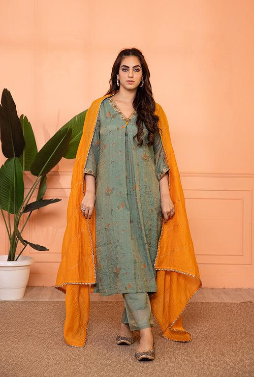 Teal Blue V-Neck Box Pleat Sia Kurta Set