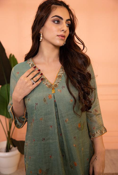 Teal Blue V-Neck Box Pleat Sia Kurta Set