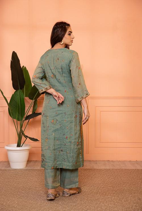 Teal Blue V-Neck Box Pleat Sia Kurta Set