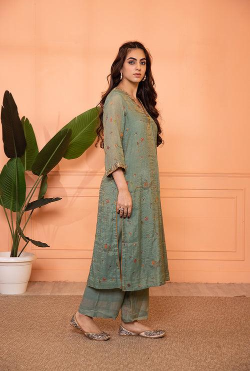 Teal Blue V-Neck Box Pleat Sia Kurta Set