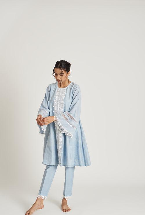 Sky Blue Pakistani-Inspired Flared Sabreen Laila Kurta Set