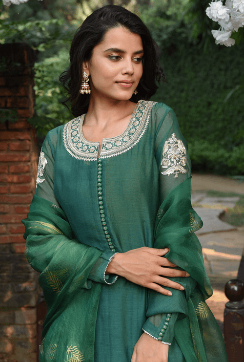 Green Bird Motif Kurta Set