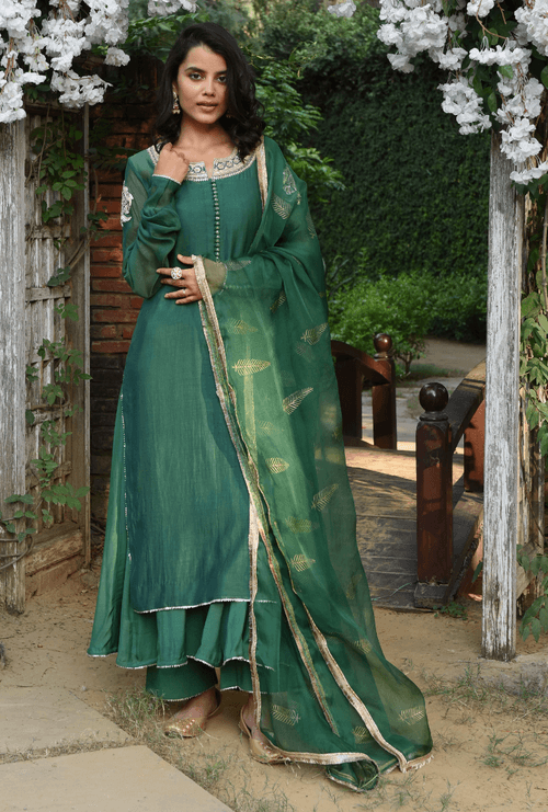 Green Bird Motif Kurta Set