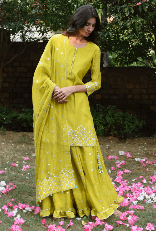 Saachi Bhasin In Lime Green Roop Gota Sharara Set