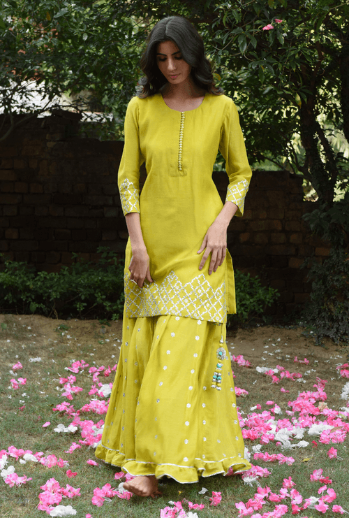 Saachi Bhasin In Lime Green Roop Gota Sharara Set