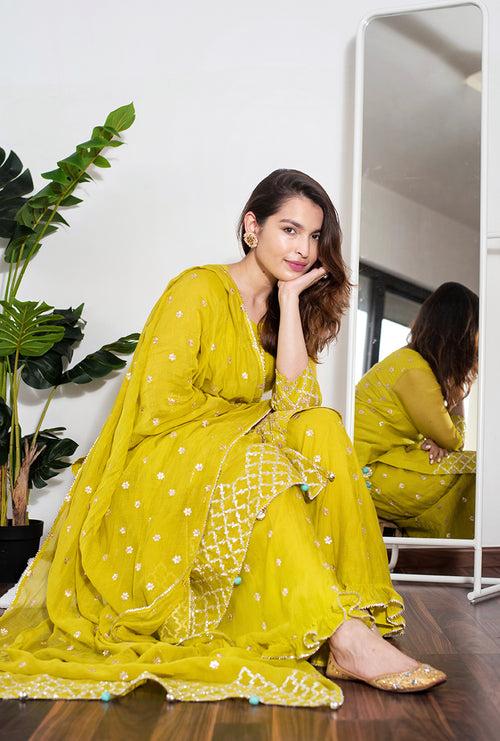 Saachi Bhasin In Lime Green Roop Gota Sharara Set