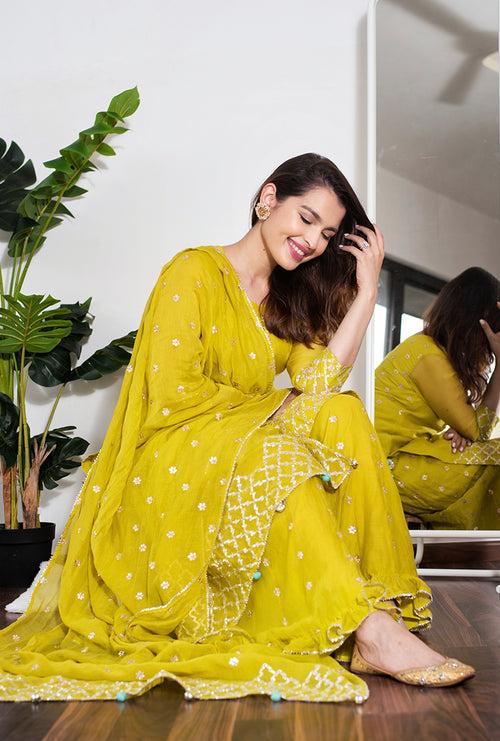 Saachi Bhasin In Lime Green Roop Gota Sharara Set