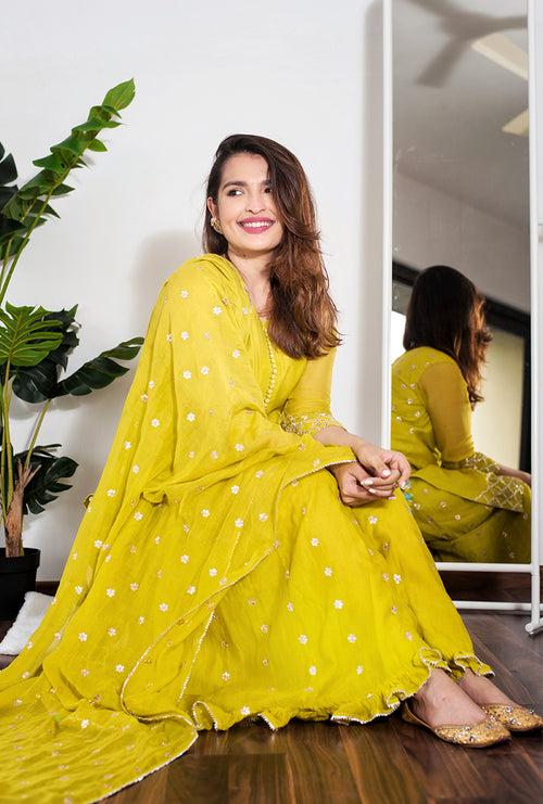 Saachi Bhasin In Lime Green Roop Gota Sharara Set