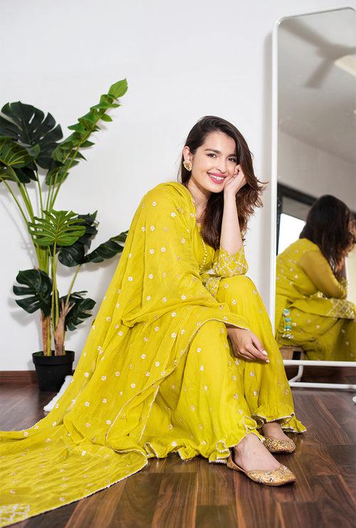 Saachi Bhasin In Lime Green Roop Gota Sharara Set