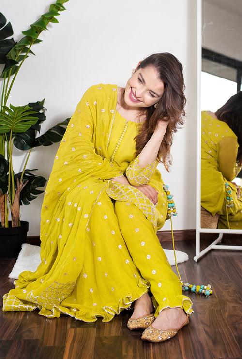 Saachi Bhasin In Lime Green Roop Gota Sharara Set