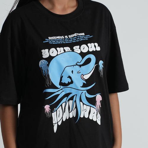 Your Soul Black Oversized cotton Blend Dropshoulder T-shirt for Women