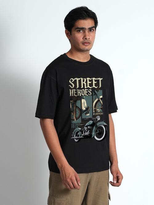 STREET HEROES GRAPHIC PRINT BLACK OVERSIZED T-SHIRT