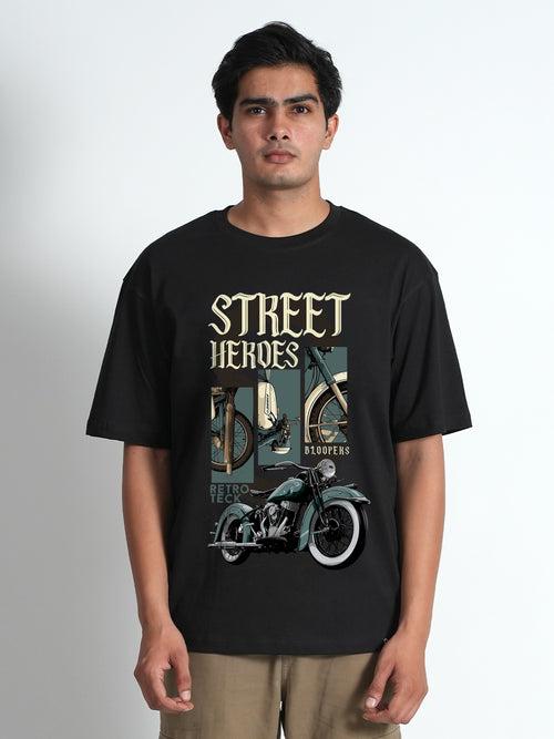 STREET HEROES GRAPHIC PRINT BLACK OVERSIZED T-SHIRT