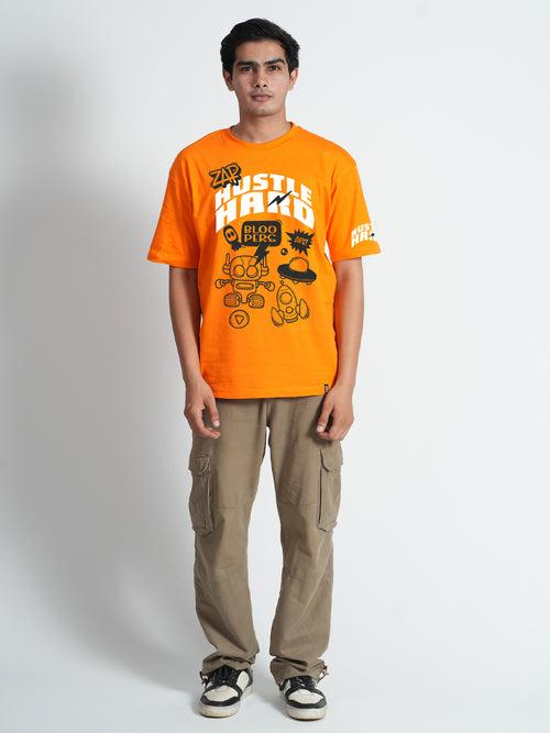 HUSTLE HERO GRAPHIC PRINT ORANGE OVERSIZED T-SHIRT