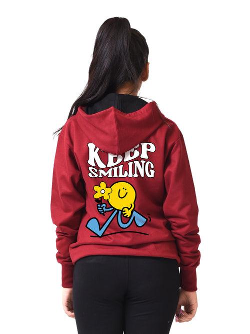 Keep Smiling Red Graphic Printed Hoodie For Women