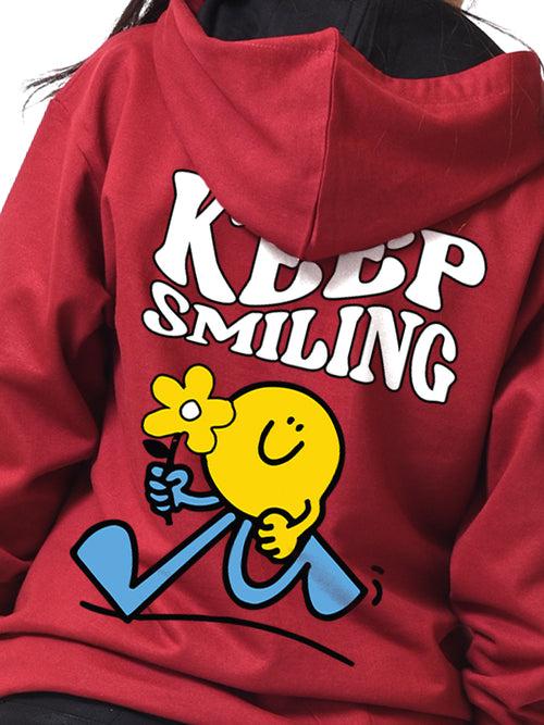 Keep Smiling Red Graphic Printed Hoodie For Women