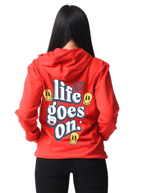 Life Goes On Red Trendy Winter Wear Printed Hoodie For Women